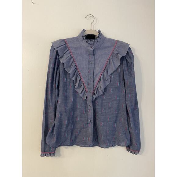 Karman Tops - Vintage 80s Kenny Rogers Womens Western Button Down Blue Ruffle Pearl Snap 15/16